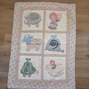Hand & Machine Made Baby Quilt Animal Appliques 39x50 Floral Cotton Nursery Crib